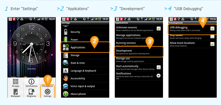 enable USB debugging on Android 2.0