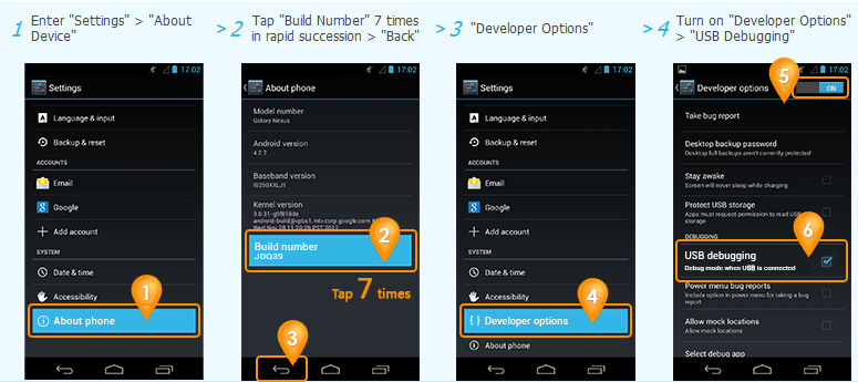 enable USB debugging on Android 4.2